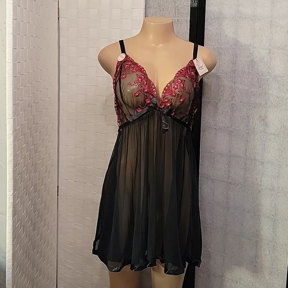BRAND NEW SPREE INTIMATES BABYDOLL LINGERIE WOMEN WIDE STRAP HALTER NIG…